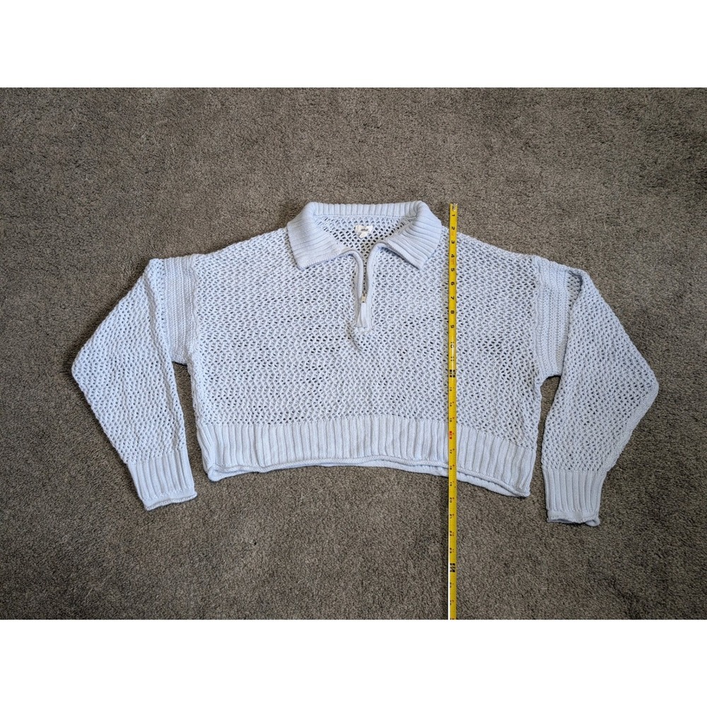 Aerie Women XS Blue Crochet Quarter Zip Short Sleeve Cropped Sweater Pastel
